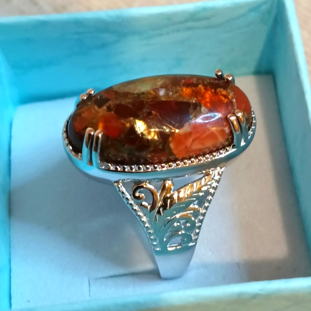 COPY - Size 10**Elongated Matrix Fire Opal Ring